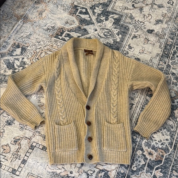 preferred stock Sweaters - Vintage wool Tan Cable Knit Cardigan with leather buttons by preferred stock